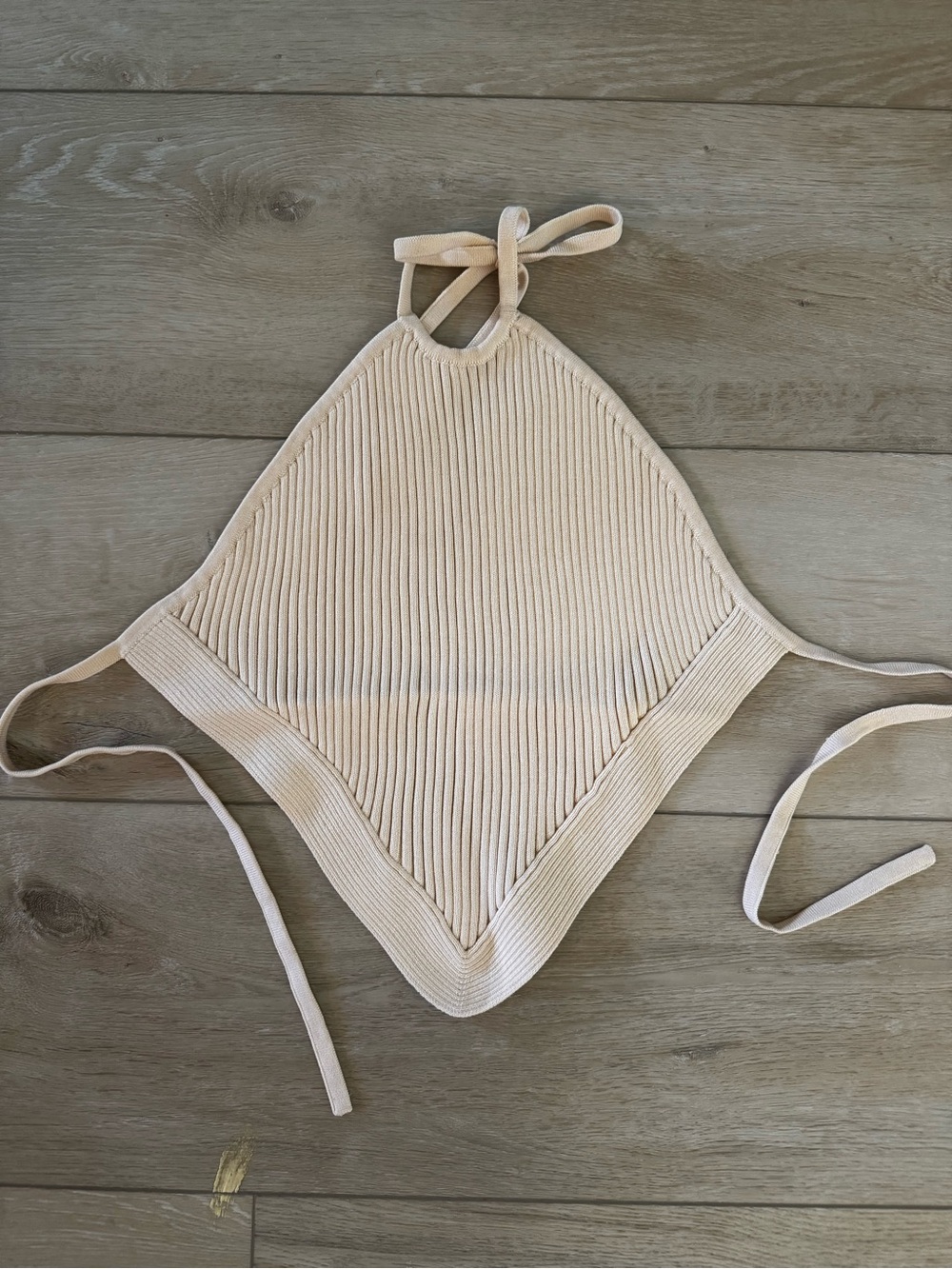 Astr Ivory Ribbed Halter Triangle Crop Top